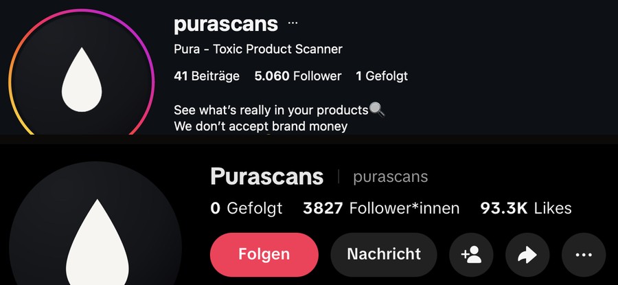 Instagram profile with 5,060 followers and TikTok profile with 3,827 followers